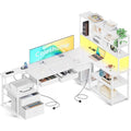 Coleshome L-Shaped Computer Desk with LED Lights & 5 Drawers, White