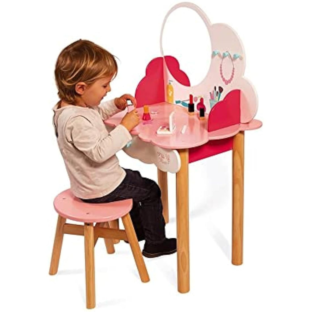 Janod P'tite Miss Wooden Dressing Table - Kids Vanity with 10 Accessories