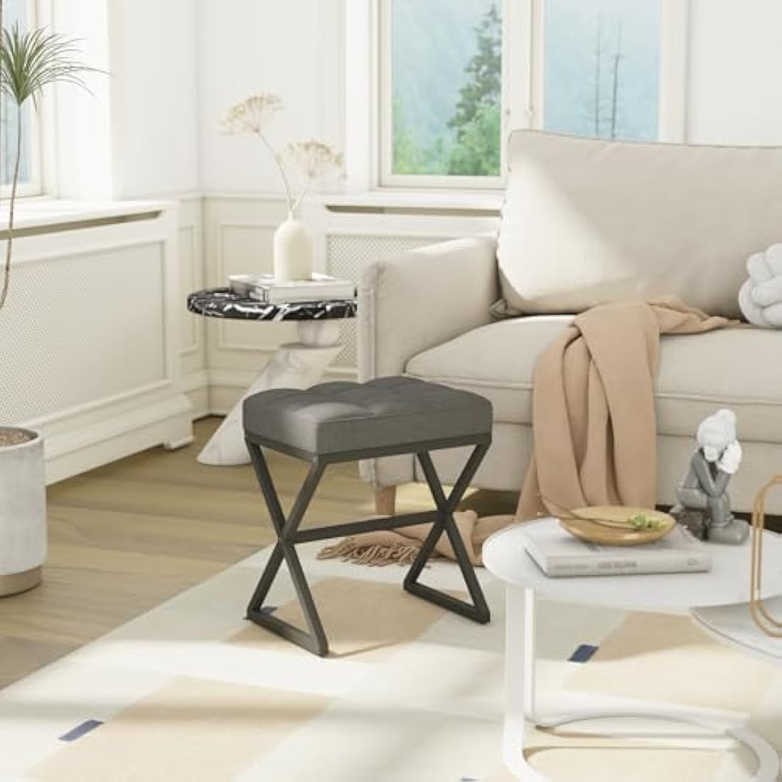 YMYNY Linen Vanity Stool – Square Ottoman Bench with X-Shaped Metal Legs