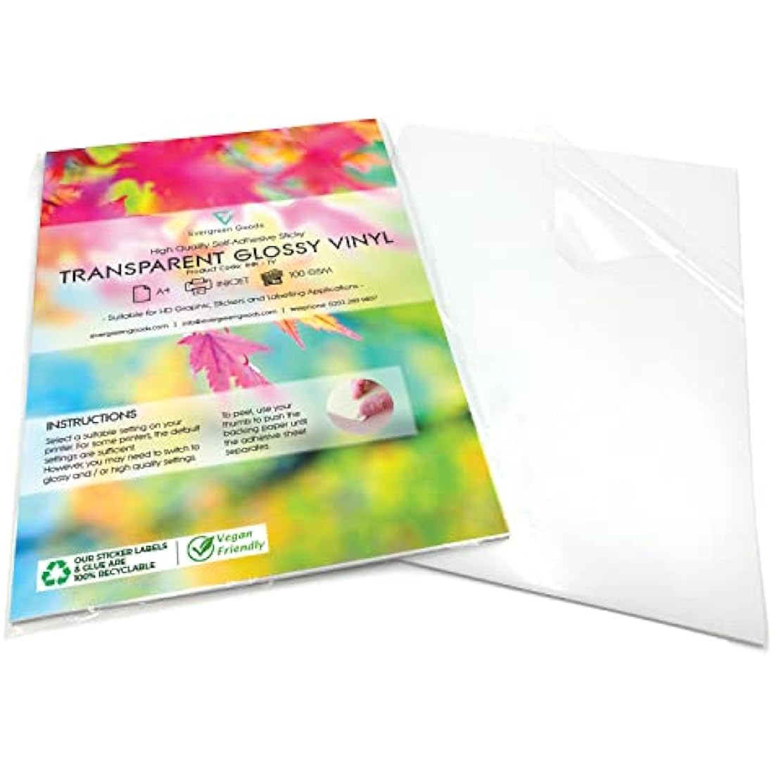 Evergreen Goods A4 Clear Glossy Printable Vinyl Sticker Paper – 100 Sheets
