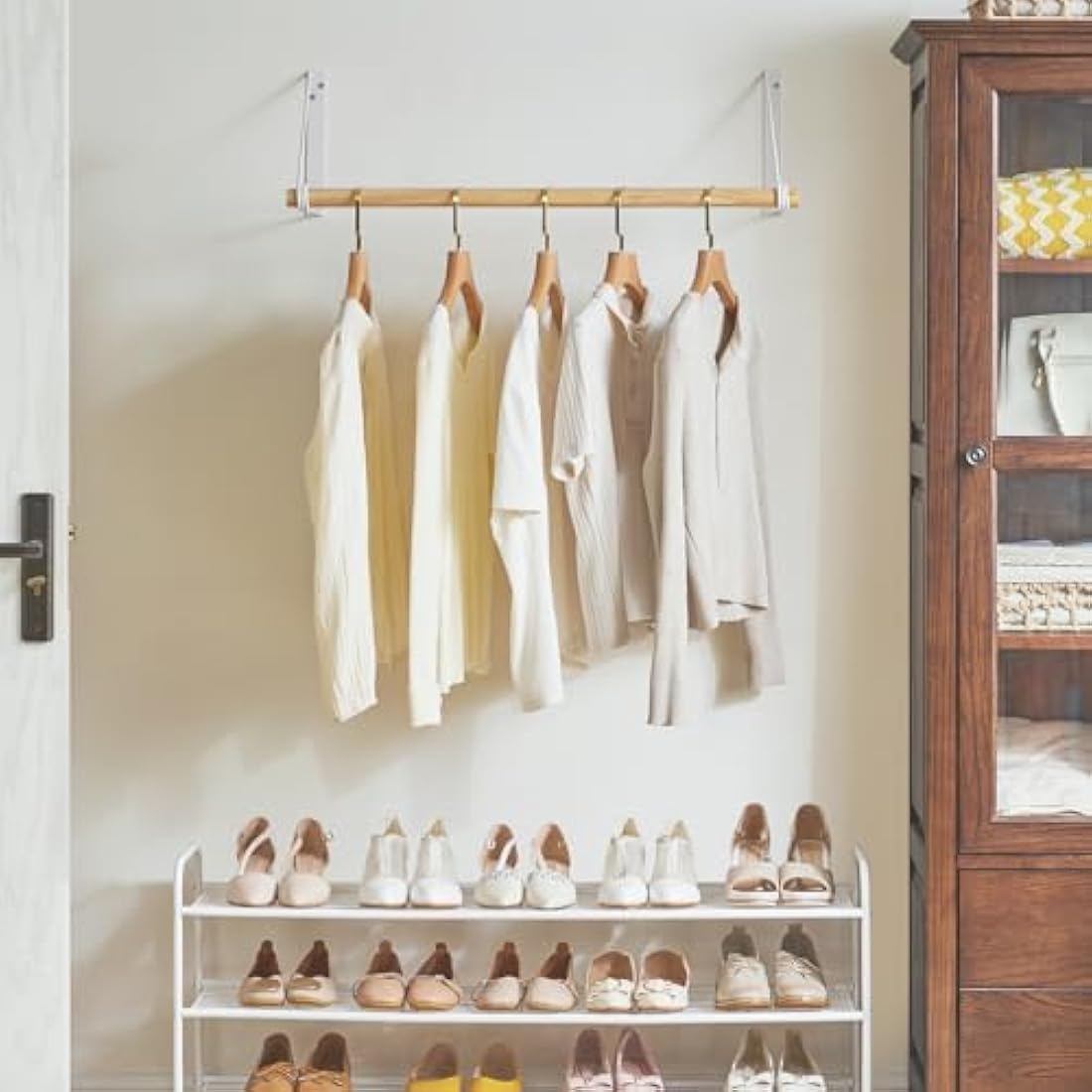 IBUYKE Wall Mounted Wood Coat Rack – Industrial White Clothes Rail
