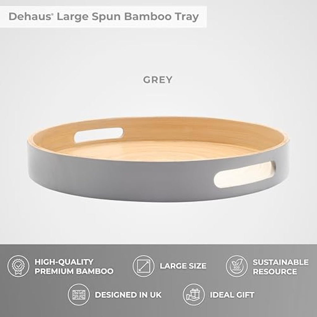 Dehaus Large Round Bamboo Serving Tray with Handles – Grey Wooden Lap Tray