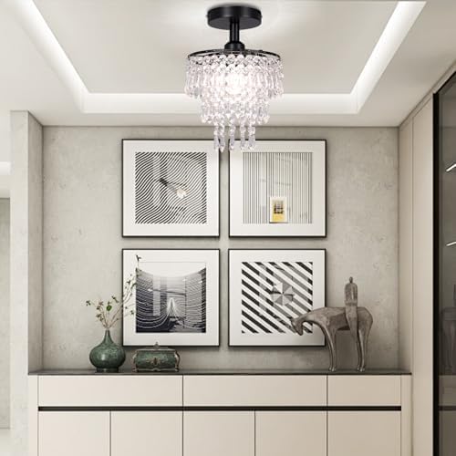 FRIXCHUR Mini Crystal Chandelier – 3-Tier Black Flush Mount Ceiling Light