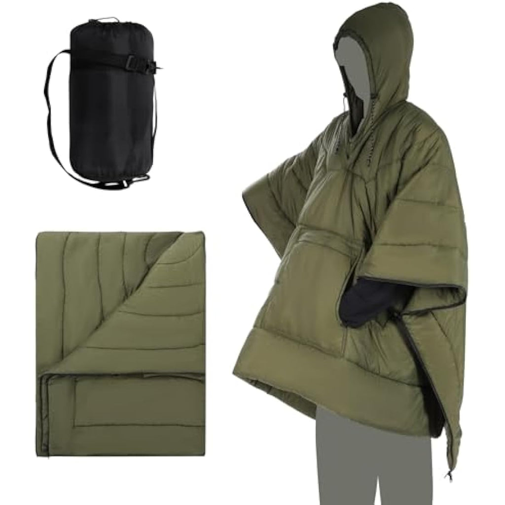 REDCAMP Wearable Camping Blanket | Waterproof Hooded Poncho – Army Green