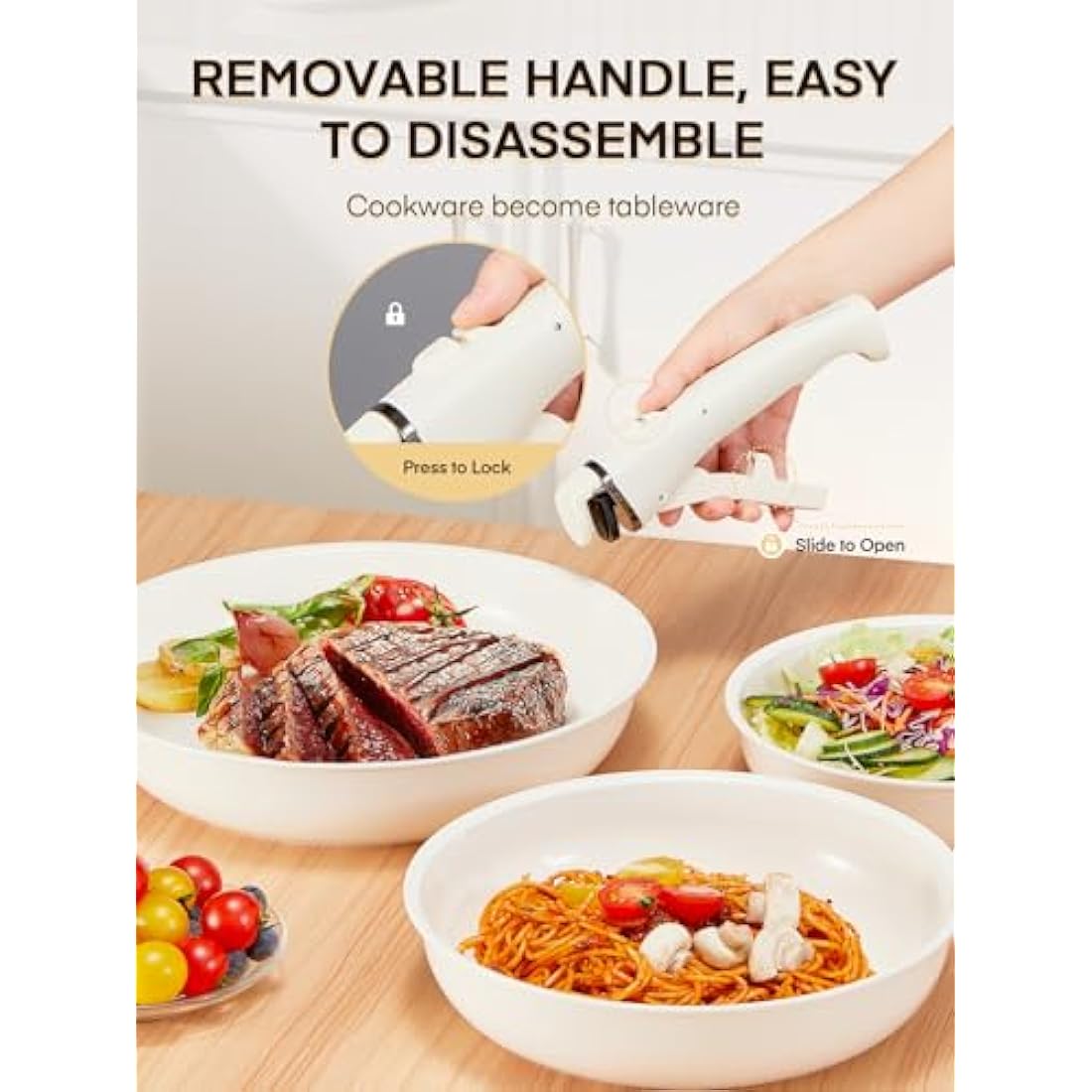 FOHERE 3-Piece Nonstick Ceramic Frying Pan Set with Detachable Handle