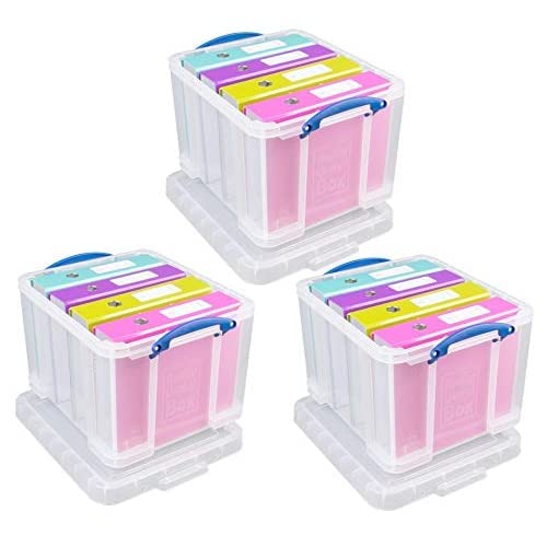 Really Useful Box 35L Clear Plastic Storage Bins, Stackable 3-Pack