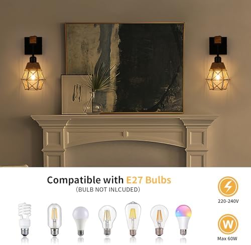 FORCOSO Industrial Wood Wall Sconce 2-Pack – Vintage E27 Indoor Lights
