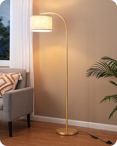 EDISHINE 63" LED Floor Lamp – Modern Gold Arc Standing Light with Linen Shade