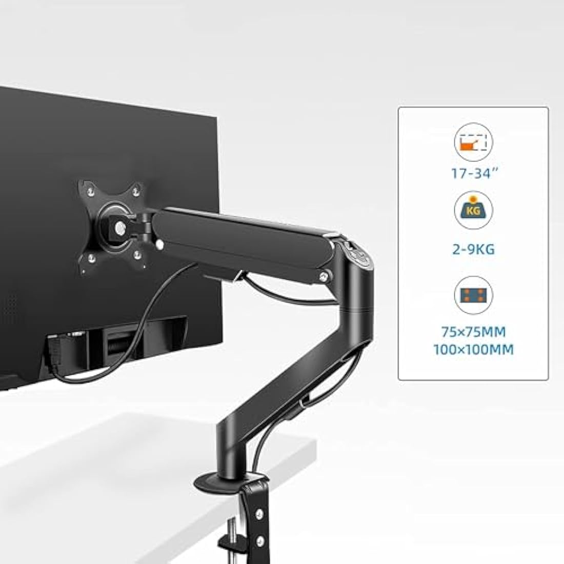 HILLPORT Single Monitor Arm – Gas Spring Desk Mount for 17-34" Screens