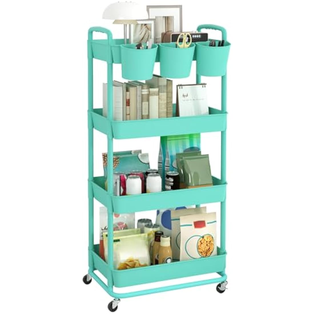 JIUYOTREE 4-Tier Rolling Utility Cart with Hanging Cups & Wheels - Green