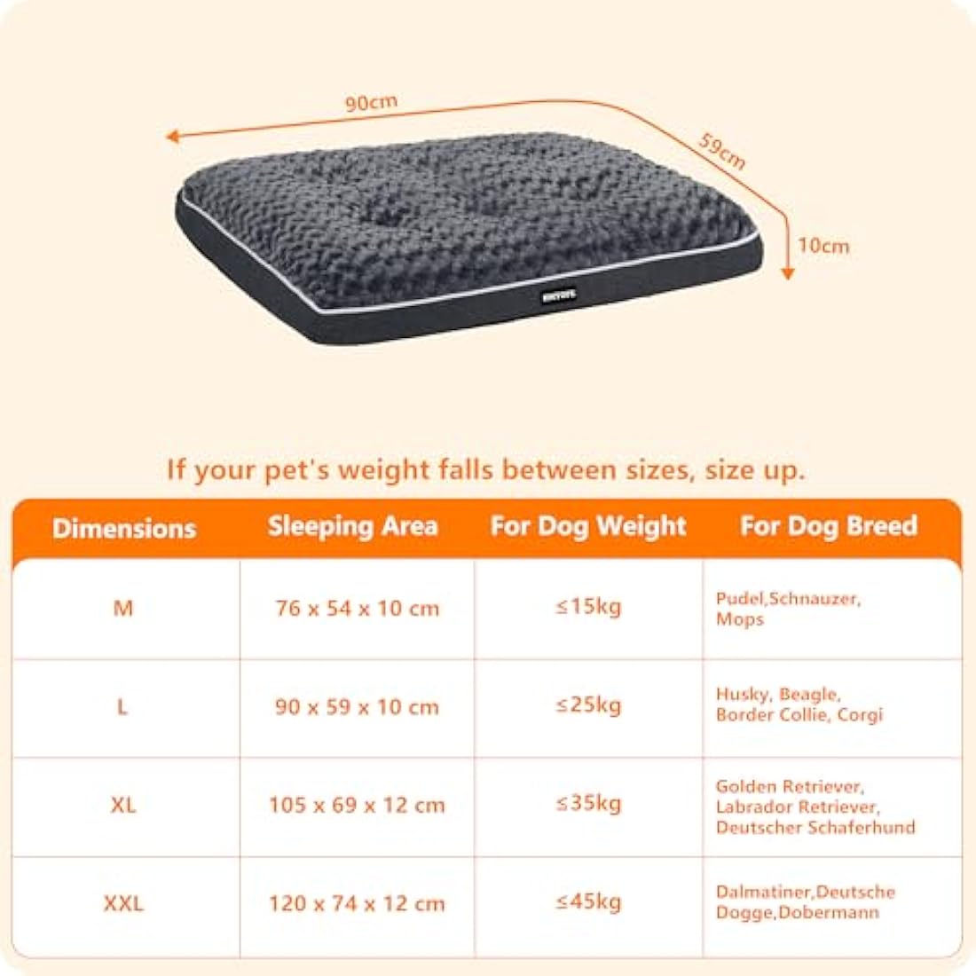 HMTOPE Orthopaedic Dog Bed – Washable Fleece Mat, Dark Grey, 90 cm