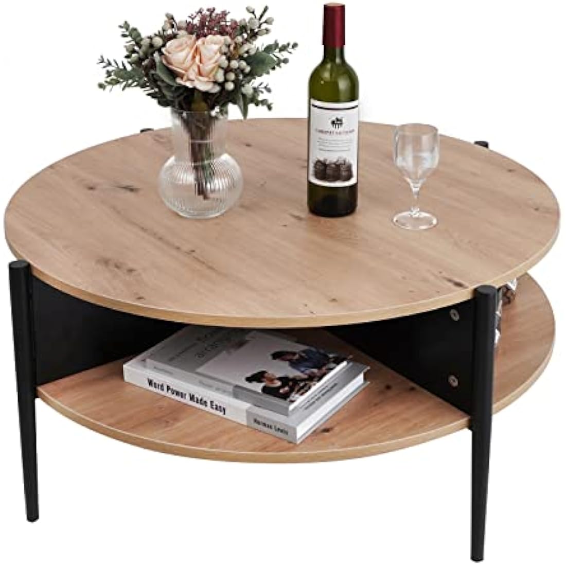Round Wood Coffee Table – 2-Tier Industrial Sofa Table
