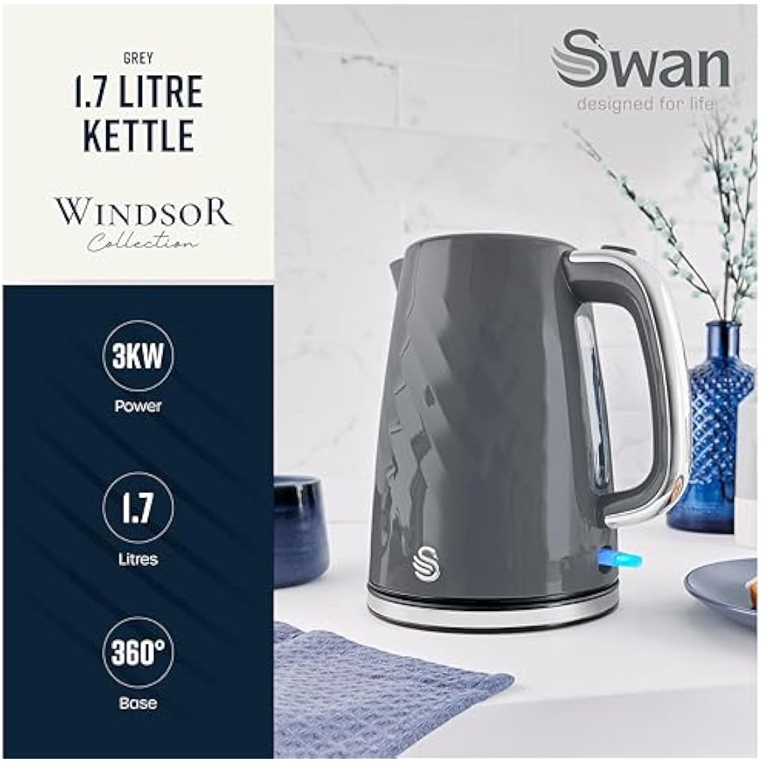 Swan Windsor Rapid Boil Electric Kettle – 1.7L Grey Kitchen Appliance