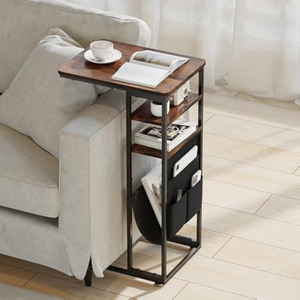 ZEXVIDA C Shaped Side Table – 3-Tier Industrial End Table with Storage