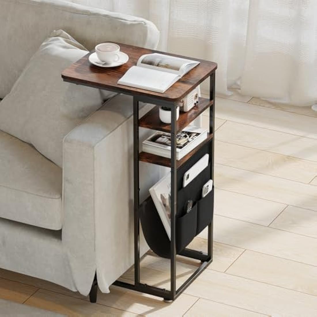 ZEXVIDA C Shaped Side Table – 3-Tier Industrial End Table with Storage