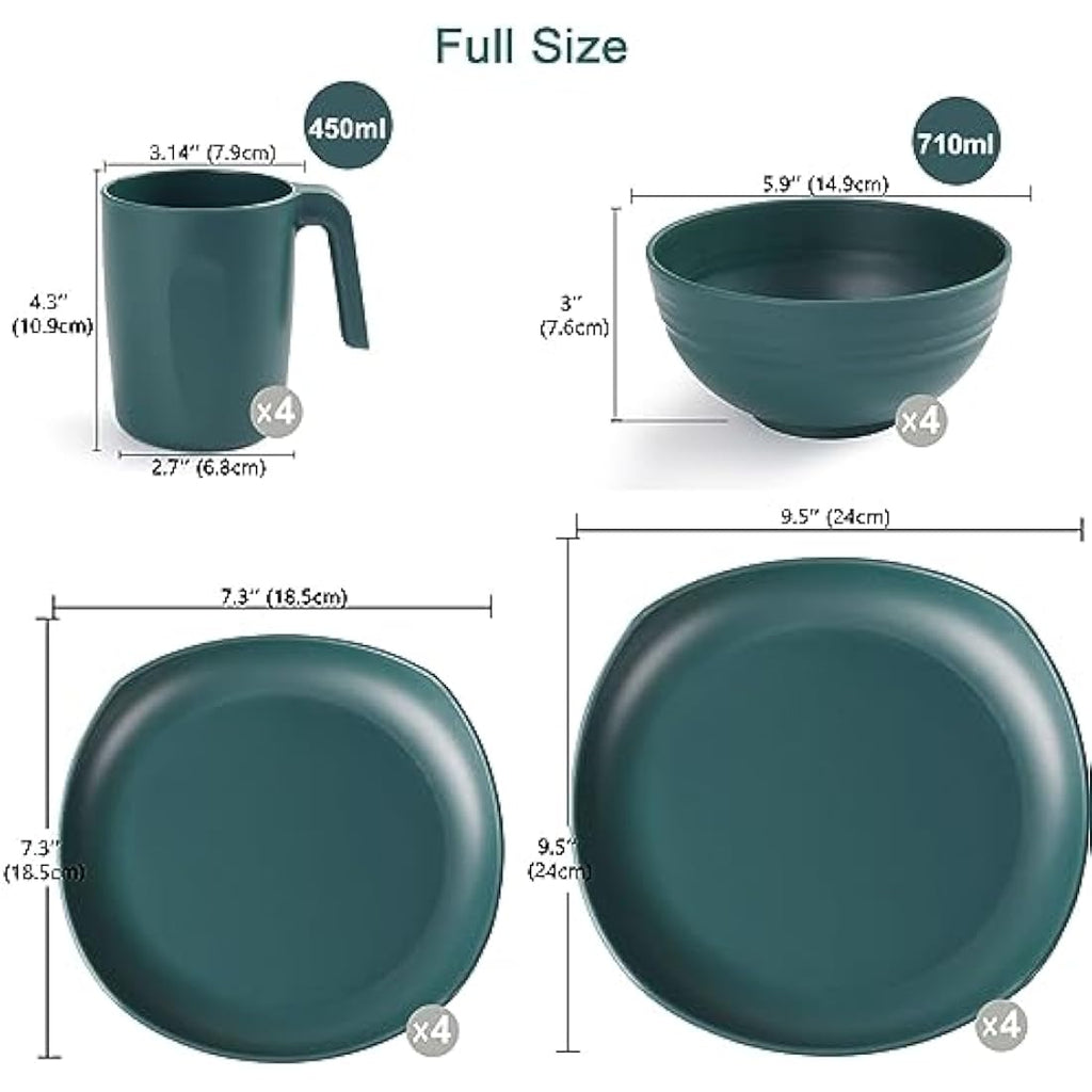 Greentainer 16pc Unbreakable Plastic Dinnerware Set – Microwave Safe Green