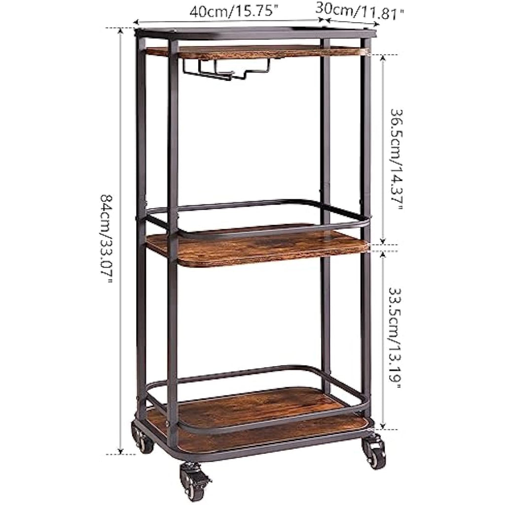 IBUYKE 3-Tier Rolling Bar Cart – Rustic Brown Kitchen Serving Trolley