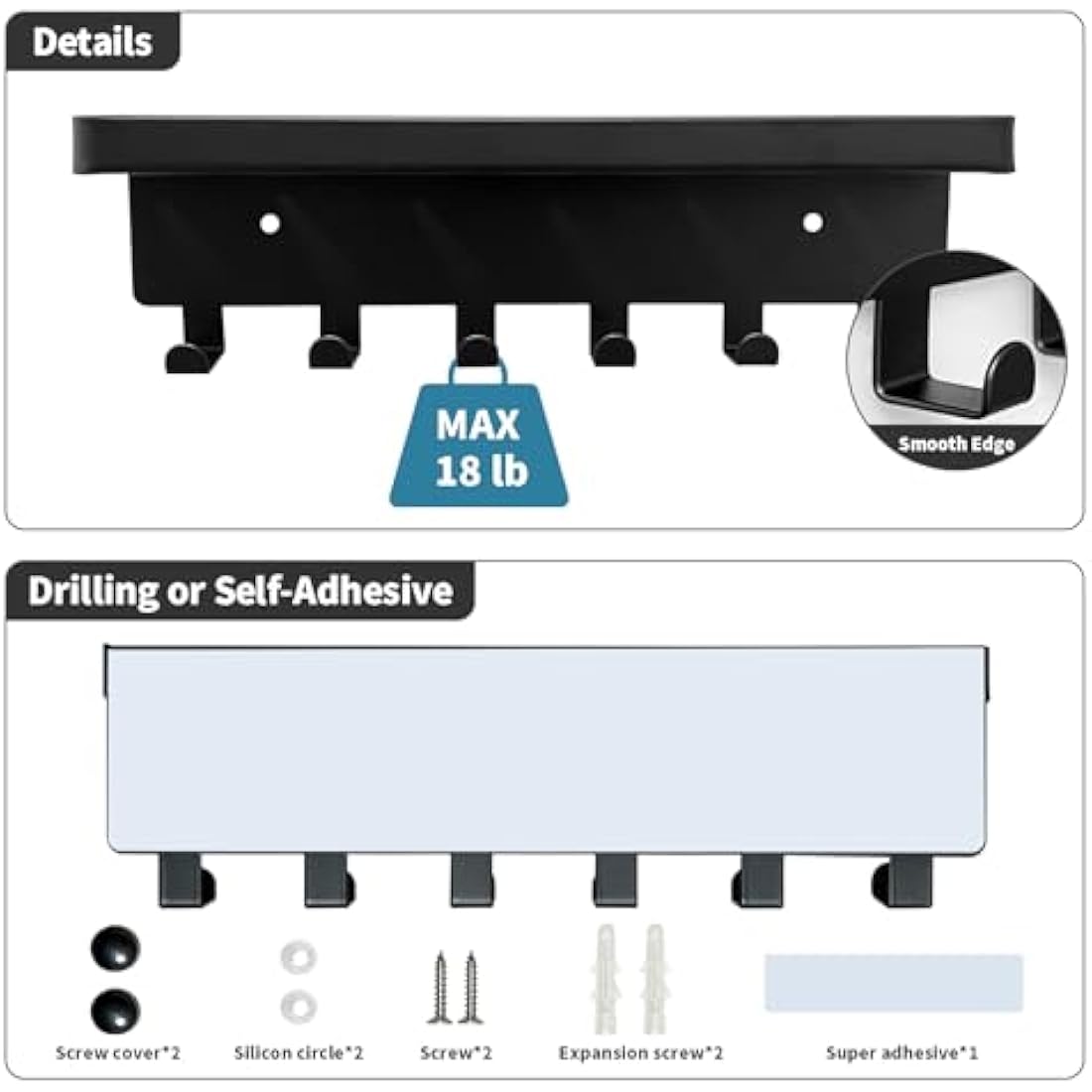 Wall Key Holder with Mail Tray – 6 Hooks Metal Entryway Rack