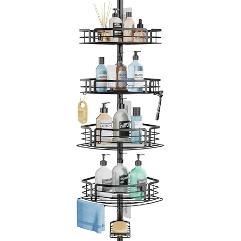 SWTYMIKI Tension Pole Shower Caddy – Rustproof Corner Shelf with 4 Baskets