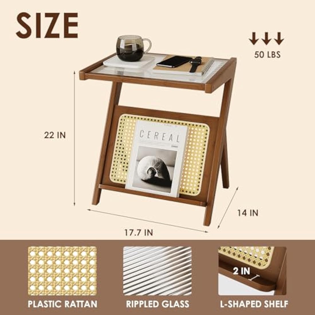 Bamworld Boho Rattan Side Table | Bamboo & Glass Z-Shaped Nightstand