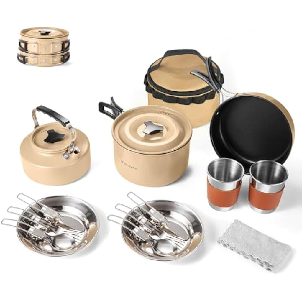 Odoland 15pcs Camping Cookware Mess Kit with Kettle and Utensils