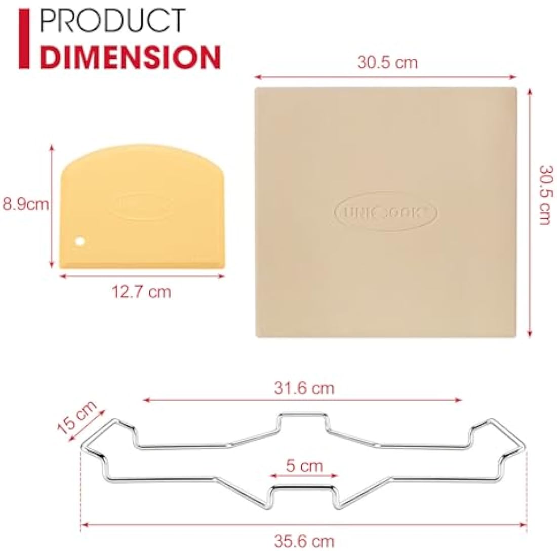 Unicook 30.5cm Square Cordierite Pizza Stone for Oven and Grill with Rack
