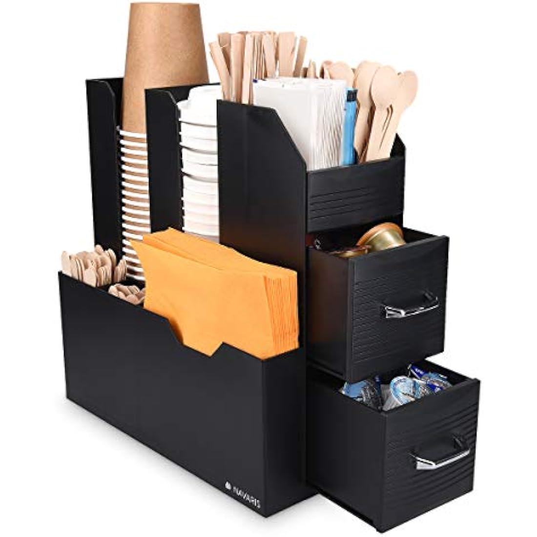 Navaris Coffee Condiment Caddy – 2-Drawer Tea Station Organizer - Black
