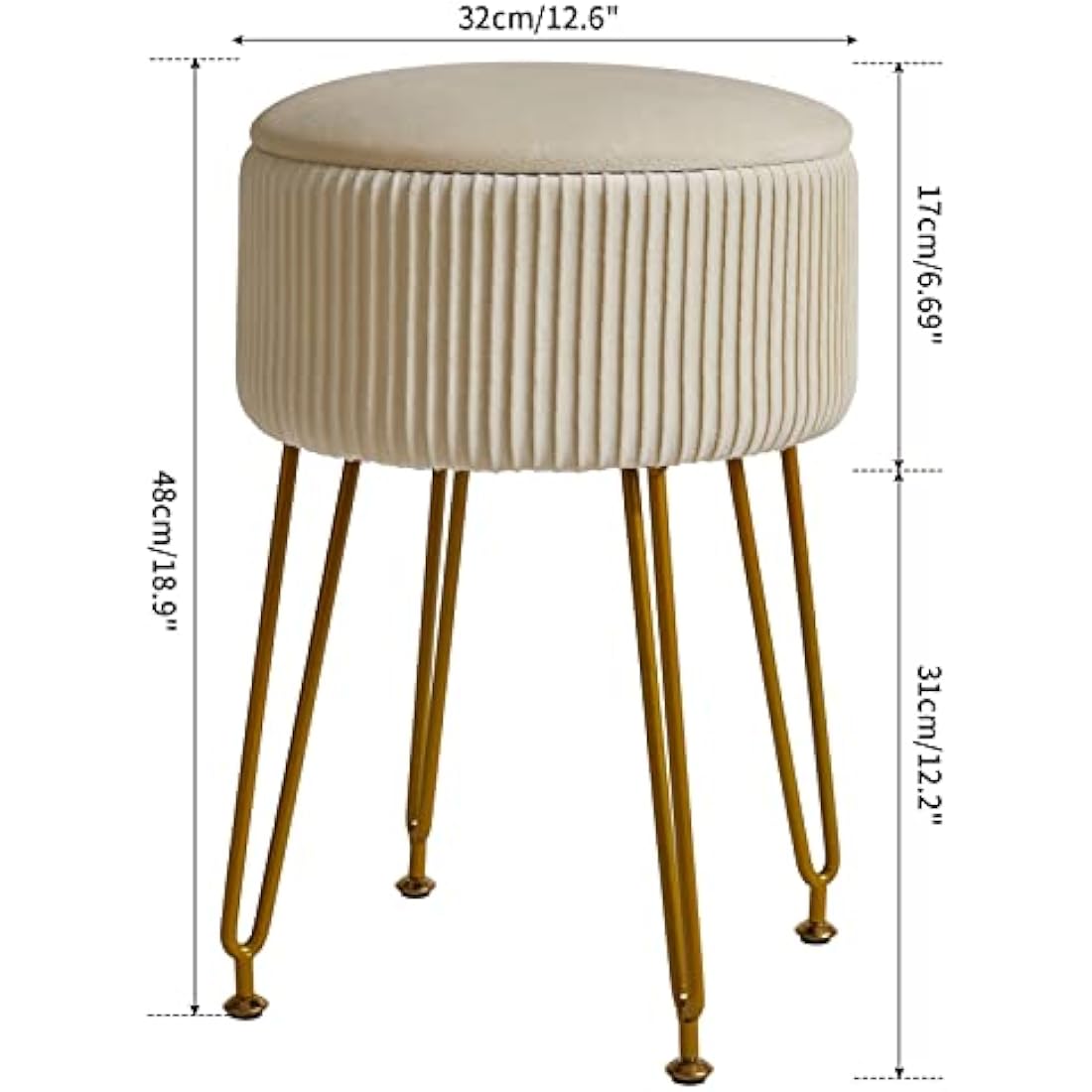 IBUYKE Velvet Storage Ottoman Stool | Vanity Chair with Gold Legs, Cream