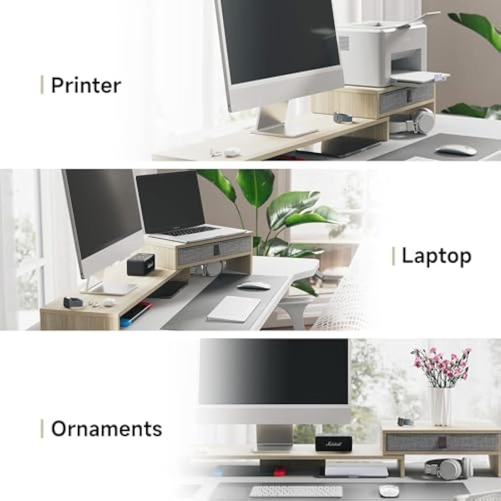 Fenge Dual Monitor Stand – Adjustable Wood Riser with Storage Drawer
