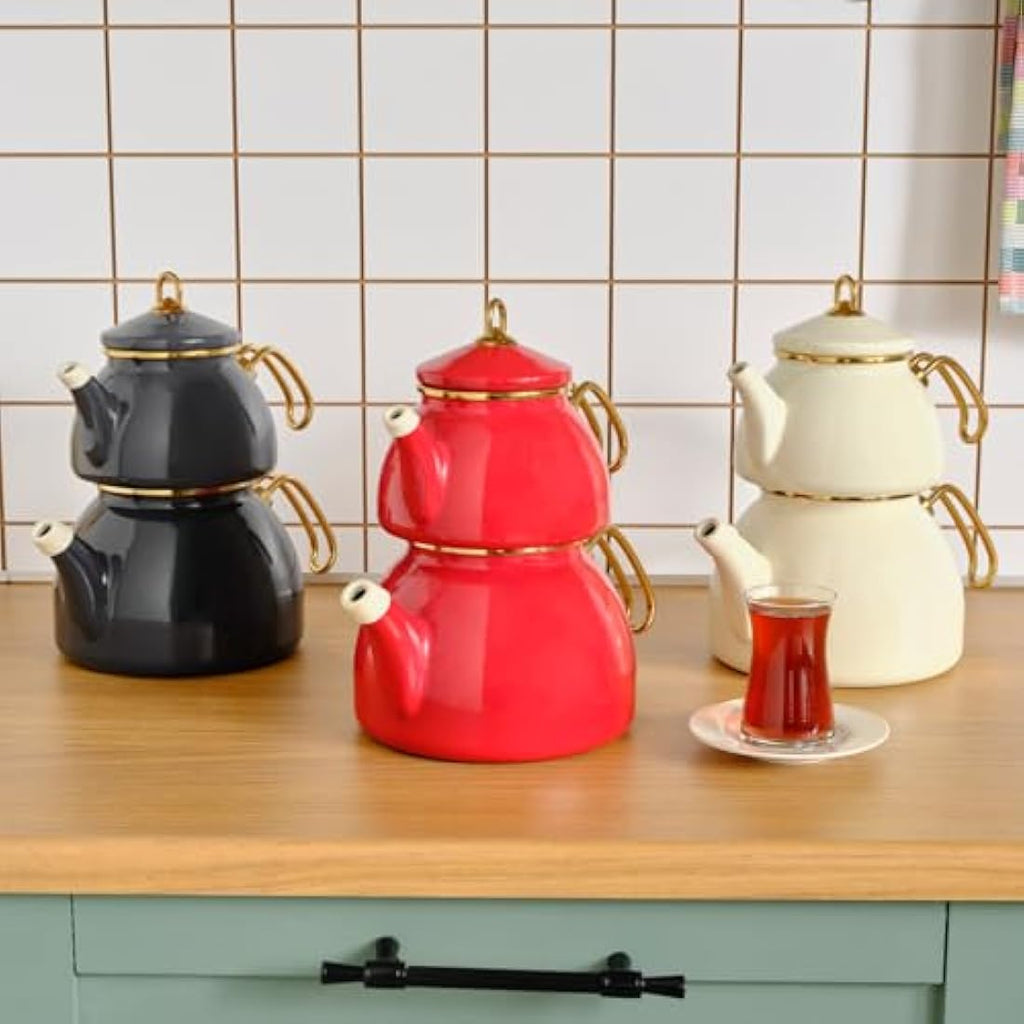 Karaca Retro Enamel Turkish Teapot Set | Induction Safe Kettle, Cream