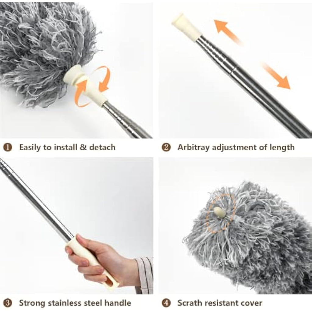 ENJSD Microfiber Feather Duster – 100in Extendable Telescopic Pole, Grey