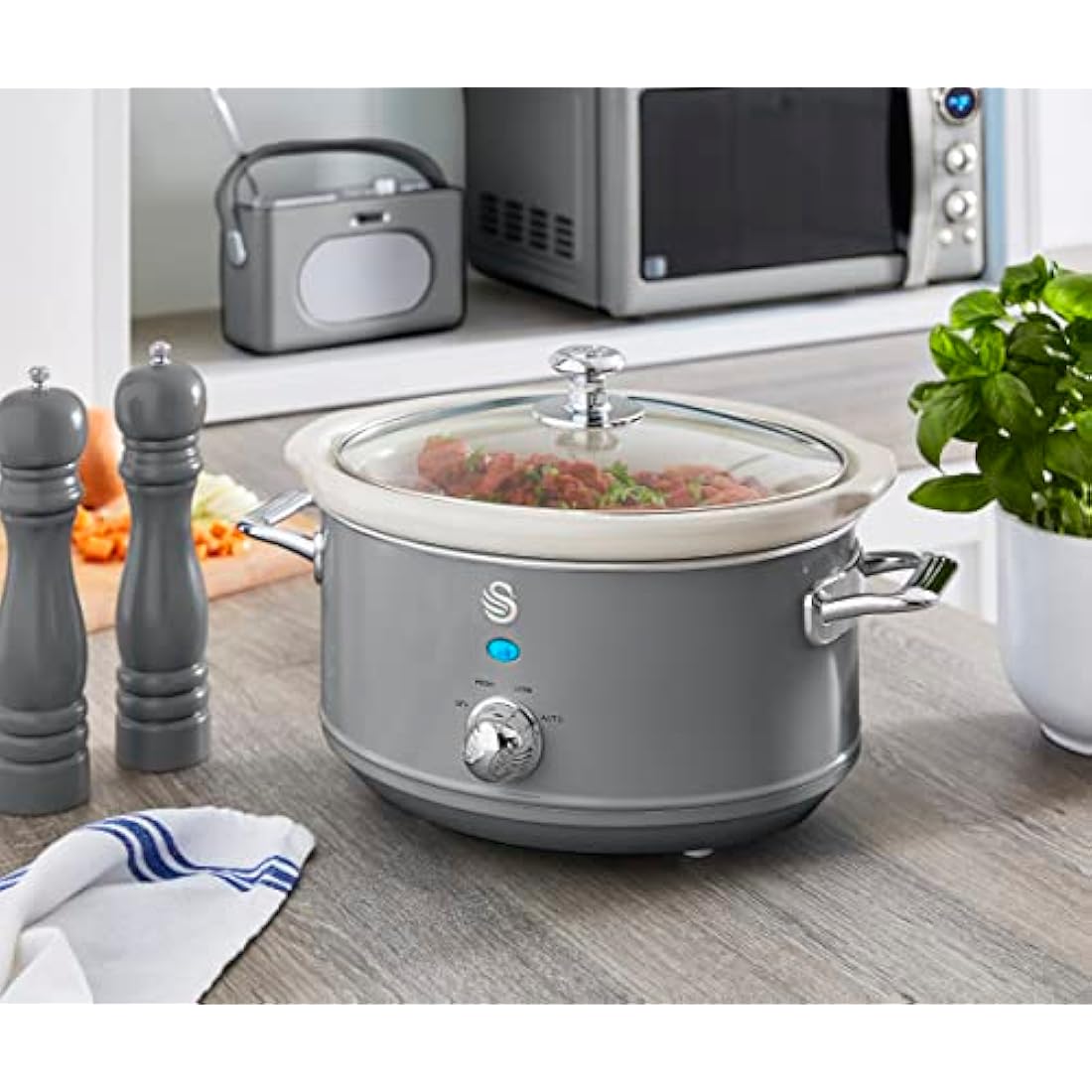 Swan Retro Slow Cooker – 3.5L Ceramic Pot with 3 Heat Settings, Grey