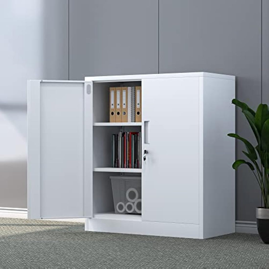 iJINGUR Metal Storage Cabinet | Locking 2-Shelf Small Office Cupboard, White