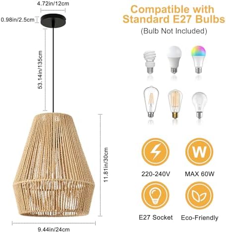 FORCOSO Rattan Pendant Light – Handwoven Boho Hanging Ceiling Lamp