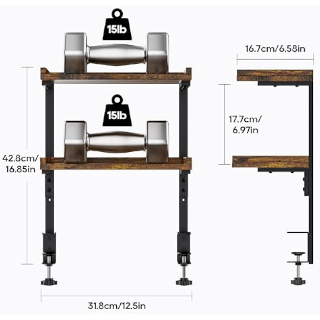 THYGIFTREE 2-Tier Clamp On Desk Shelf | Wood Tabletop Storage Rack - Brown