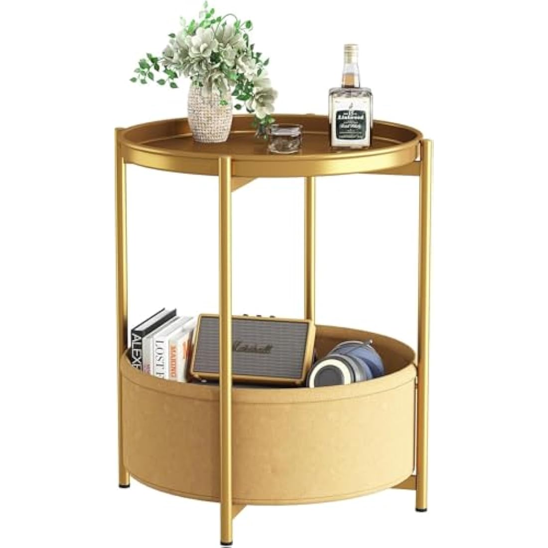 Huhote Round Side Table – Metal End Table with Storage Basket, Gold