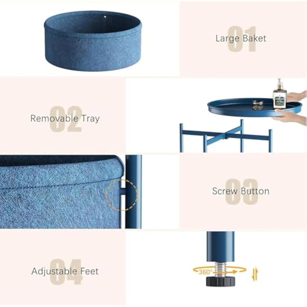 Huhote Round Side Table – Metal End Table with Storage Basket, Blue