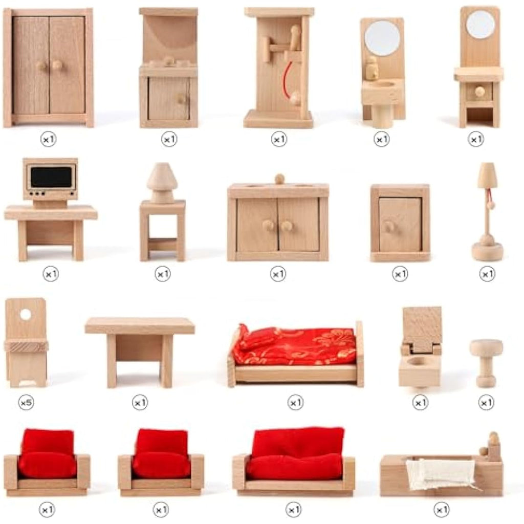 KABENFIS 39-Piece Wooden Dollhouse Furniture Set with 6 Family Dolls