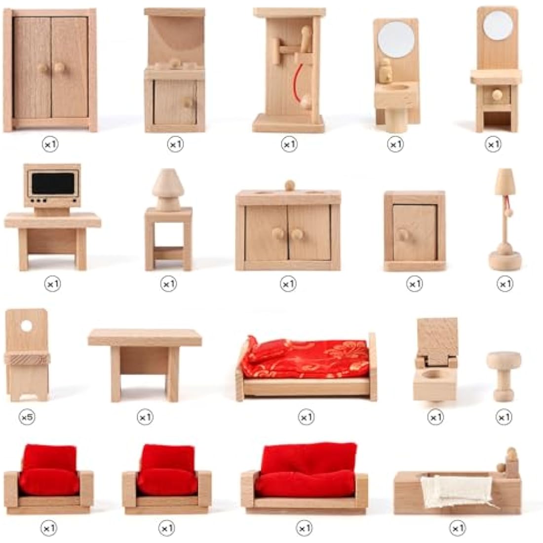 KABENFIS 39-Piece Wooden Dollhouse Furniture Set with 6 Family Dolls