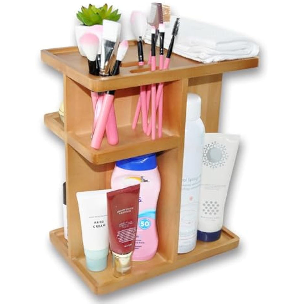 Spiretro 360 Rotating Makeup Organizer – Acacia Wood Cosmetic Carousel