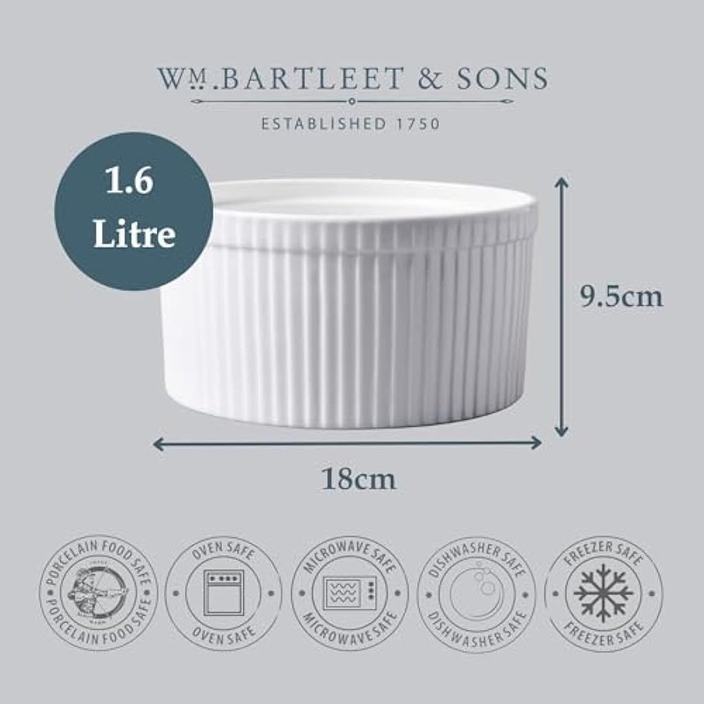 WM Bartleet & Sons Porcelain Soufflé Dish – 18cm White Baking Bowl
