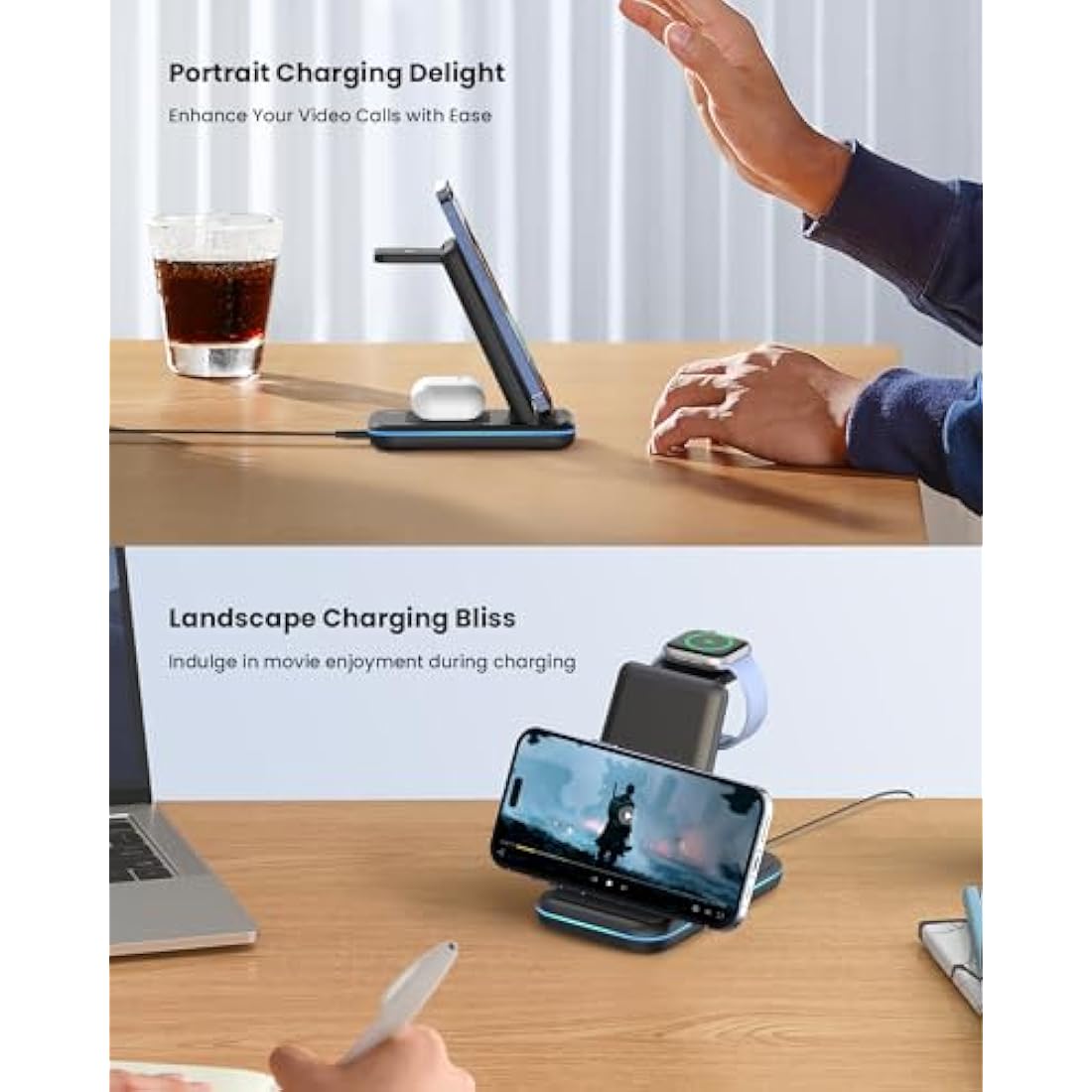 GEEKERA 3-in-1 Wireless Charging Station for iPhone & Apple Watch