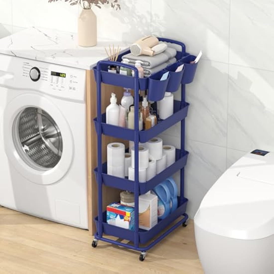 JIUYOTREE 4-Tier Rolling Utility Cart with Hanging Cups and Wheels - Blue