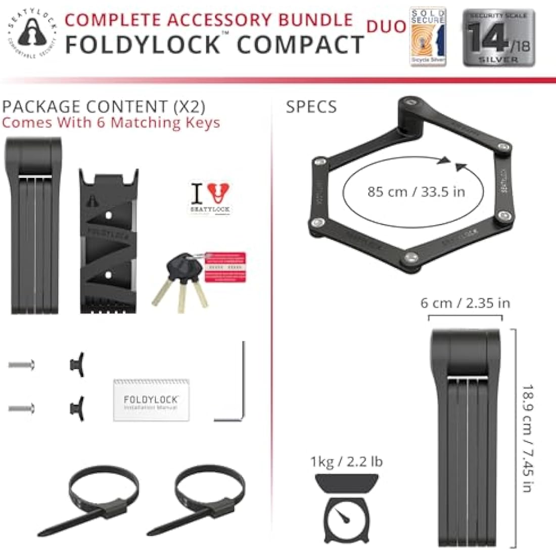 FoldyLock Compact Folding Bike Locks – Set of 2 Heavy Duty 85cm Locks