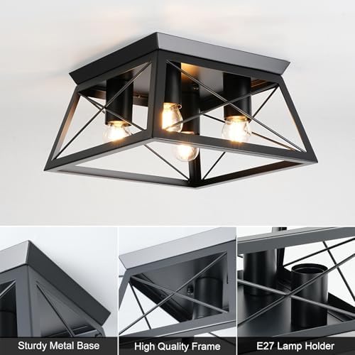 FORCOSO 4-Light Industrial Ceiling Light – Black Metal Flush Mount Lamp