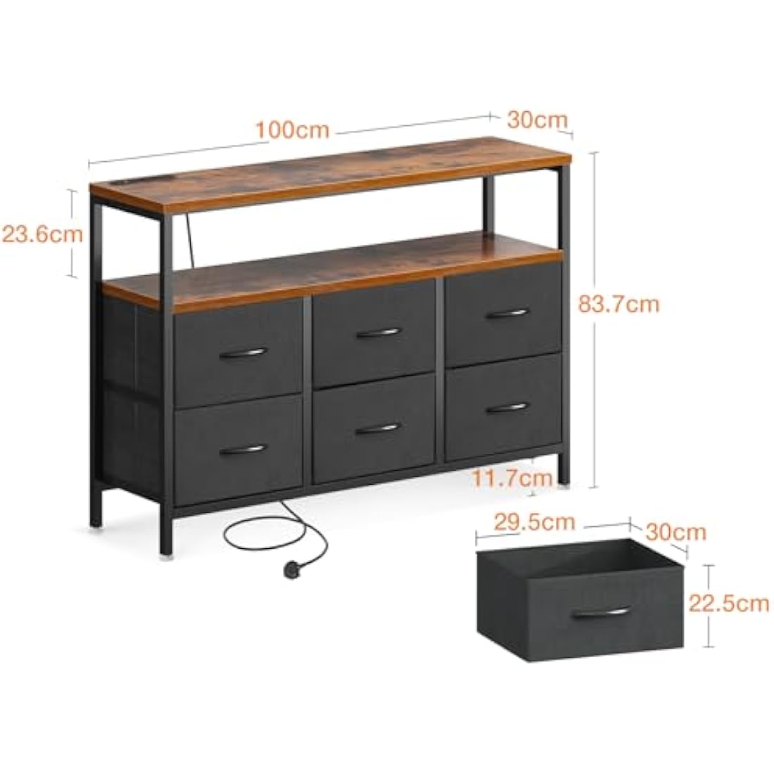 ODK 6 Drawer Fabric Chest of Drawers with Charging Station – Retro Color