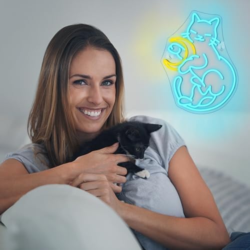 Horseneon Cat and Moon Neon Sign | Dimmable LED Wall Decor for Bedroom