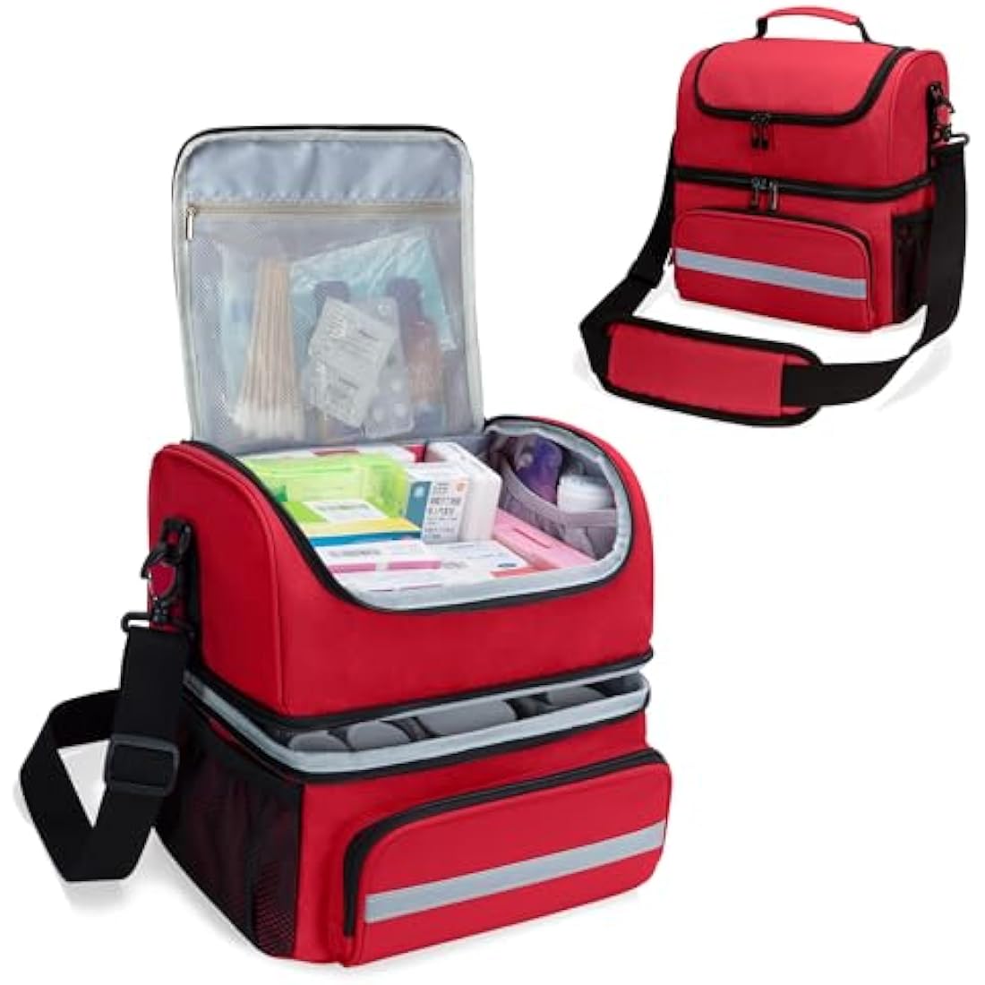 CURMIO Double Layer Medicine Storage Bag | Portable First Aid Organiser, Red