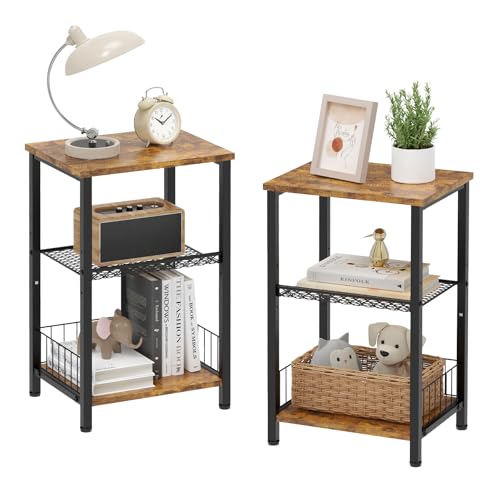 iDavosic.ly Industrial 3-Tier Side Table Set of 2 – Rustic Brown Nightstand