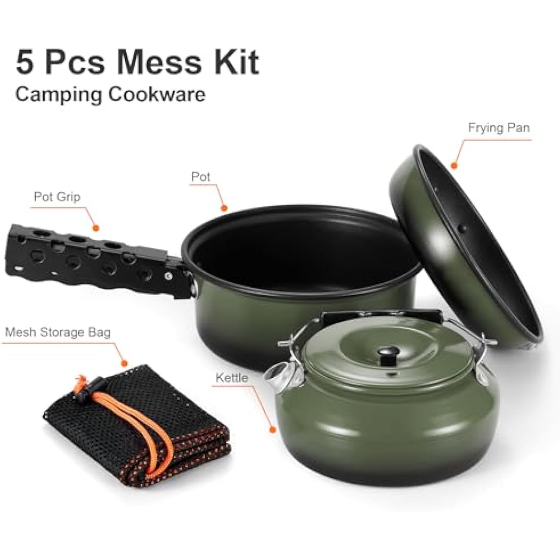 Odoland 5-Piece Camping Cookware Mess Kit | Non-Stick Pot Pan Kettle